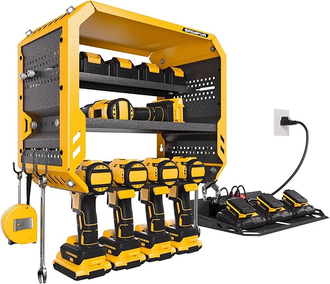 Spampur Tool Organizer Storage Wall Mount, Tool Shelves Drill Holder for Men, Metal Sturdy Steel Rack Saves Space in Workshop/Garage Organizes Power Tools, Screwdrivers, Gadgets, Floating Shelving
