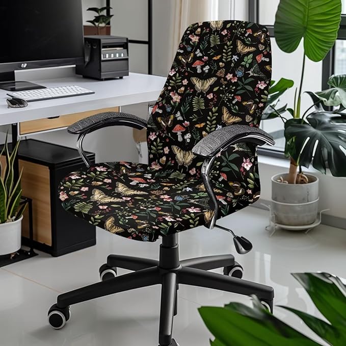 Talayituse Butterfly Mushroom Flower Print Office Chair Cover Jacquard Armrest Swivel Chair Slipcovers Removable Stretch Universal Computer Chair Cover, S