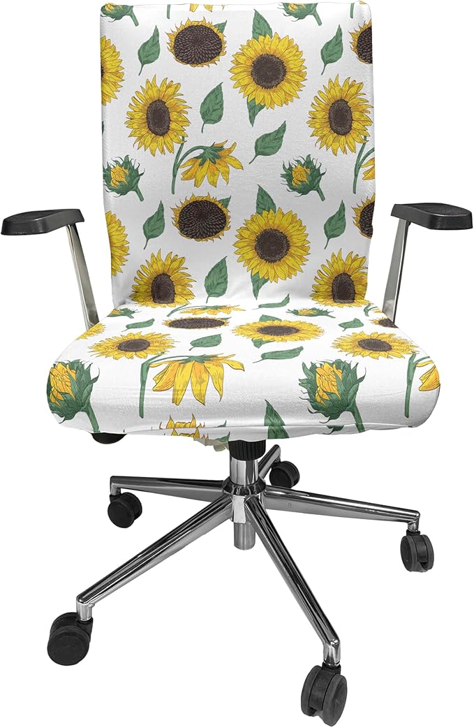 Ambesonne Sunflower Office Chair Cover, Agricultural Pattern Botanical Inspiration Hand-Drawn Flowers, Stretchable Decorative Universal Size High Back Printed Slipcover, Green Brown