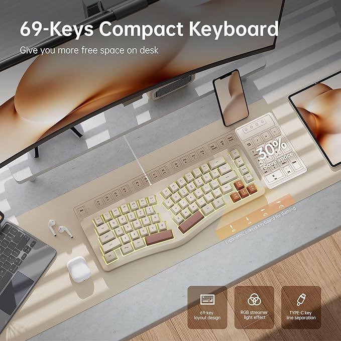 7KEYS Wired Ergonomic Keyboard, Compact Mini Split Keyboard 69 Keys, 14+ RGB Backlight, Detachable USB Type-C Cable, Natural and Comfortable Typing for Desktop PC Laptop Windows MAC (Retro Beige)
