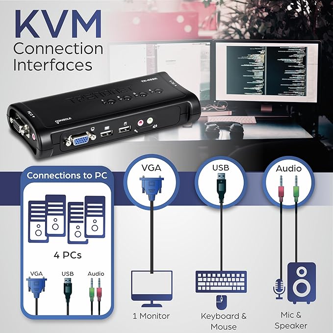 TRENDnet 4-Port USB KVM Switch Kit with Audio, TK-409K, Control Up to 4 Computers, Windows, Linux, Mac OS Compliant, 2048 x 1536 VGA Resolution, NDAA & TAA Compliant, KVM Cables Included, Black