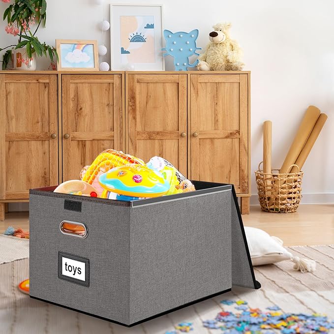 File Organizer Box with Lid, Collapsible File Folder Organizer for Office Document Storage, Filing Box with Plastic Slide for Letter Size Hanging File Folders(1 Pack, Smoky Grey)