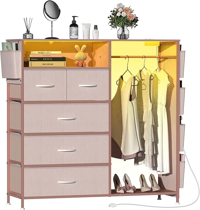 Espelism Dresser for Bedroom with Clothes Rack Side Pockets 5 Drawer Dresser with Charging Station LED Lights Black Storage Chest of Drawers for Hallway Closet Sturdy Steel Frame Wood Top (Pink)