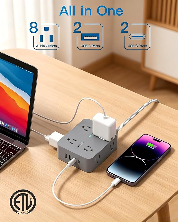 HANYCONY 6 Ft Surge Protector Power Strip with USB C, Extension Cord with 8 Outlets 4 USB Ports(2 USB C), Flat Plug, Wall Mount, 3 Side Outlet Extender for Home Dorm Room Essentials, ETL Listed