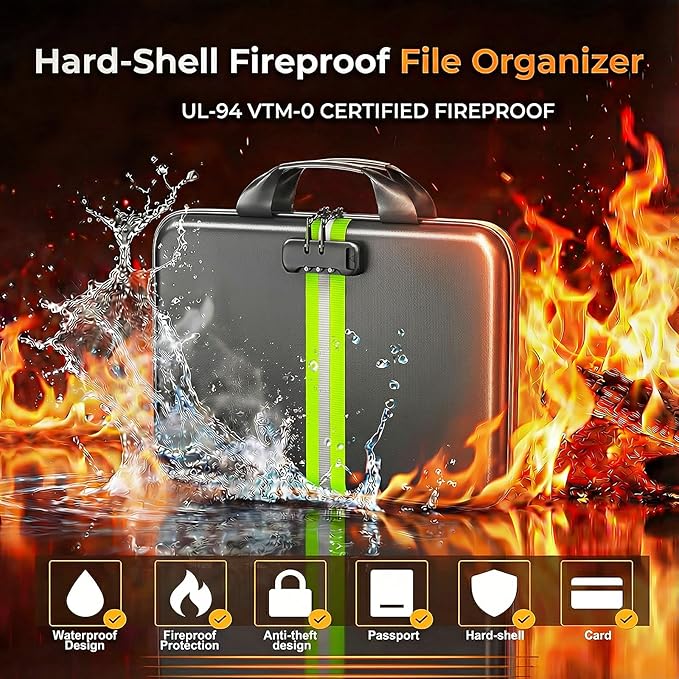 Fireproof Document Organizer with Lock, Rigid EVA File Box with 13-Pocket Accordion Folder for Important Documents & Tablets under 11", Lightweight Safe Storage for Home, Office & Travel (Small Size)