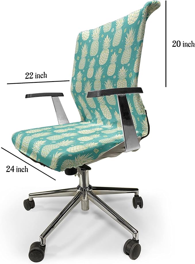 Ambesonne Pineapple Office Chair Cover, Abstract Summer Pattern with Exotic Fruit and Minimal Ornaments, Stretchable Decorative Universal Size High Back Printed Slipcover, Yellow Turquoise