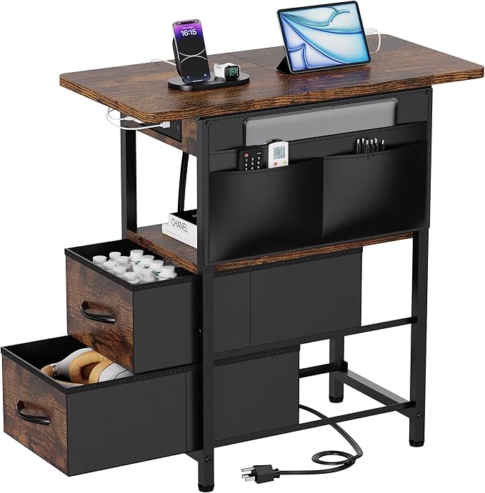 Yenlure Small Side Table with Charging Station, Narrow Nightstand Bedside Tables with Storage Pocket for Living Room Bedroom, Sofa End Table with USB Ports and Power Outlets for Small Spaces