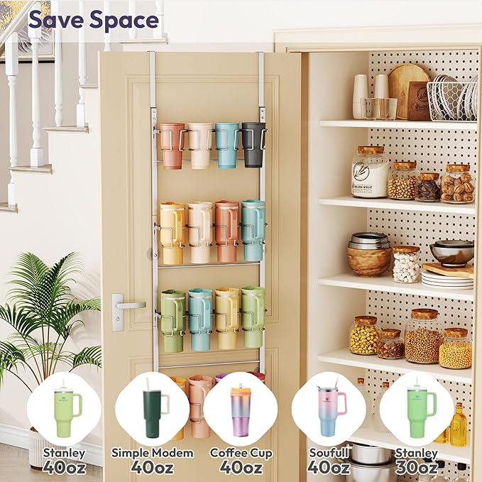 SWTYMIKI 4-Tier Water Bottle Organizer – Over the Door Stanley Cup Holder, Cup Organizer for Door or Wall Mount Option, Stanley Accessories for Pantry, Dorm, Office, RV Use, Silver