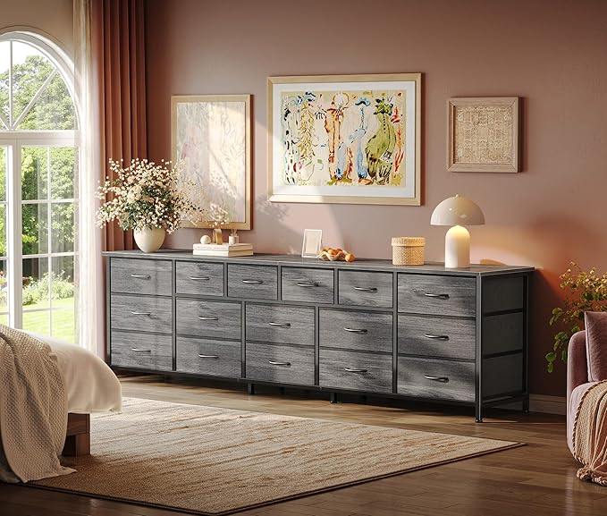 Huuger 77.6" Long Dresser for Bedroom, 16 Drawer Fabric Dresser for Closet, Wide Chest of Drawers with Storage, TV Stand for 65, 75, 85 Inch TV, 77.6" W x 12.9" D x 26.7" H, Grey