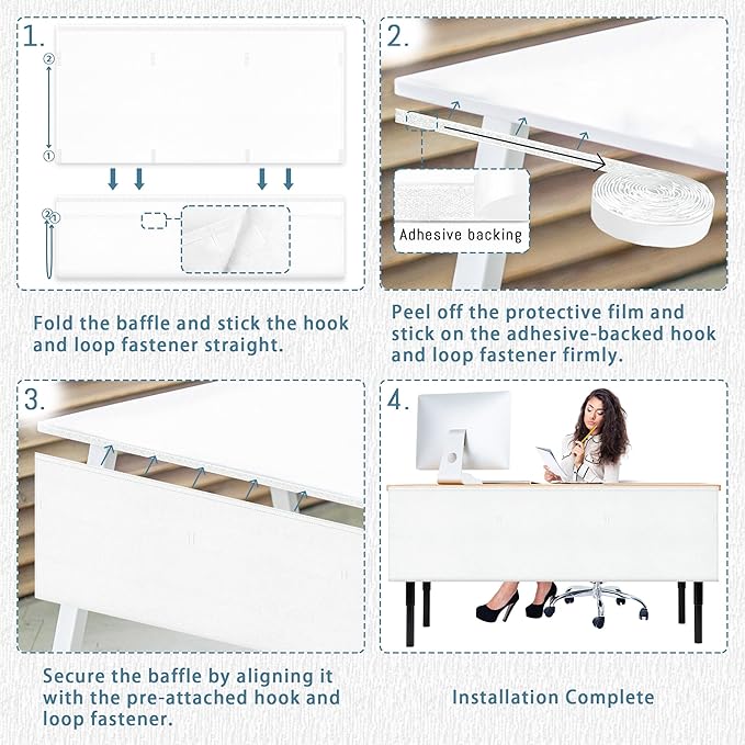 48" Under Desk Privacy Panel White Self-Adhesive Modesty Panel with Wire Pocket for Cable Management Organizer Heavy Duty Desk Skirt - Office Home or Standing Workstation Concealer Shield