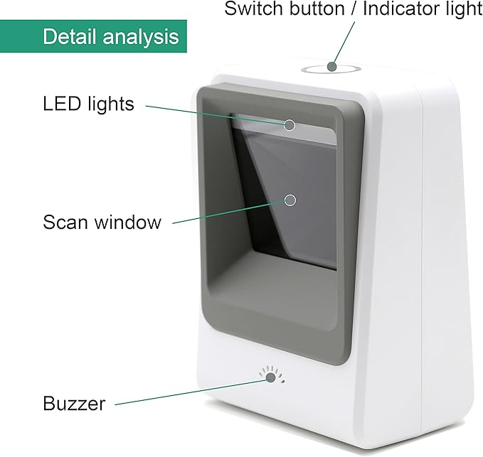 TEEMI Handsfree 1D 2D Barcode Scanner, with Top Trigger Button, QR Omnidirectional Desktop USB Automatic Bar Code Imager, Capture Screen barcodes, TMSL-60 White