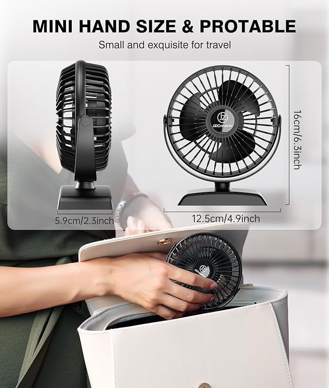 JZCreater USB Desk Fan, USB Fan Mini, 360 Rotation Desktop Fan with 3 Speed, Table Personal Cooling Fan, Quiet Mini Desk Fan, USB Powered, Small Fan for Home Office Bedroom Car Travel,Black+Black
