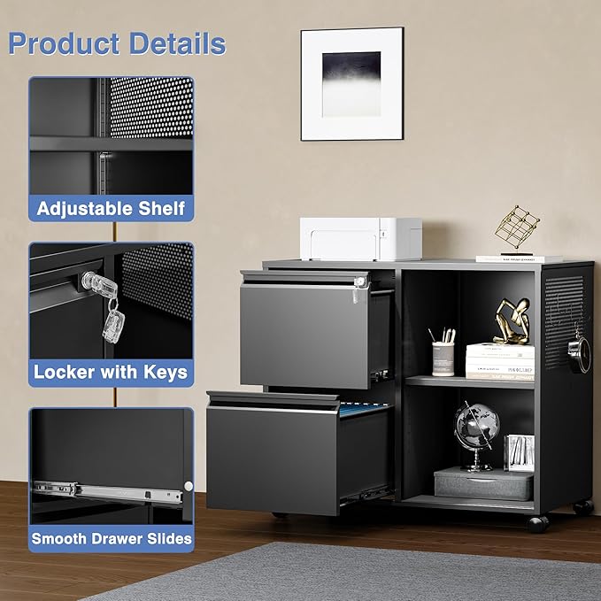 Mobile File Cabinet with Side Hook, 2 Drawer Lateral File Cabinet with Lock fits A4/Letters/Legal Size for Home Office,Metal Rolling Printer Stand with Open Storage Adjustable Shelves(Black)