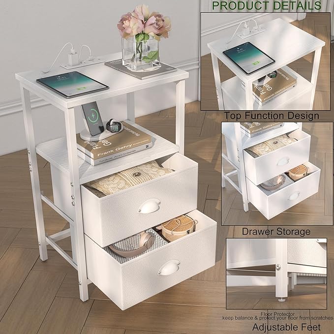 sthmec Nightstand with Charging Station, LED Night Stand Set 2, Bedside Table End Tables Set of 2, Bedroom Tables with 2 Fabric Drawers PU Finish, 3-Tier Storage Side Table for Bedroom,White