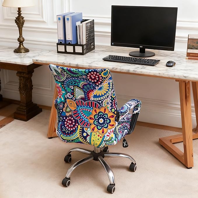 Waterproof Office Chair Cover with Armrest Cover 18Inch Wide Stretch Printed Boho Small Desk Computer Chair Covers with Long Zipper Arm Slipcovers Washable