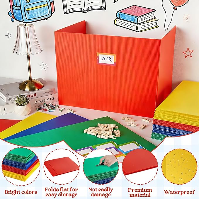 24 Packs Colorful Privacy Folders for Student Desk Durable Waterproof Plastic Divider Board Tri Fold Easy Clean Privacy Shield Divider with Sticker Clips and Clips for Classroom Teacher Supplies