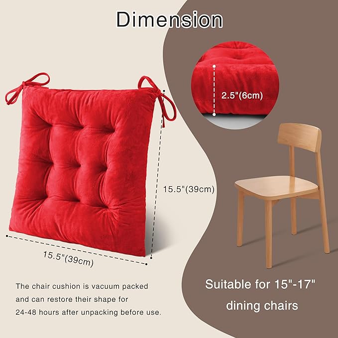 OVOV 2 Pack Chair Cushions for Dining Chairs Soft Seat Cushions for Kitchen Desk Chairs Square Chair Pads with Ties (15.5"x15.5" Red)