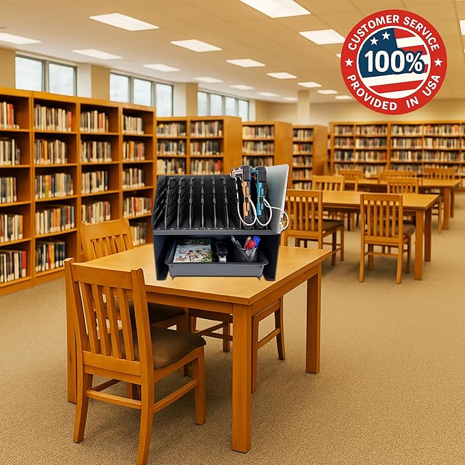 Laptop Charging Station for Classroom, Office, or Home, 10-Device Organizer with 6 AC Outlets & 4 Fast-Charging USB Ports, Fits Laptops, Tablets & E-Readers up to 1.375" Thick, 15.6"