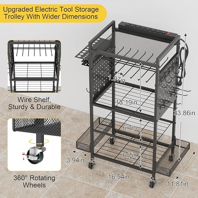 Power Tool Organizer Cart with Charging Station, Heavy Duty Garage Tool Organizer Rolling Tool Battery Storage with 8-Outlet Power Strip, 4 Wheels, 2 Hanging Baskets, 8 Hooks, Drill Bit Holder, Black