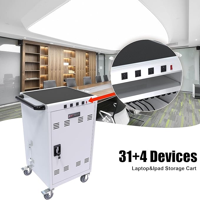35 Device Mobile Charging Station for Laptops/Tablets/iPads/Chromebooks,35 Bay Lockable Charging Cabinet with Power Strip for Classroom,School Charging Carts with Casters(White)