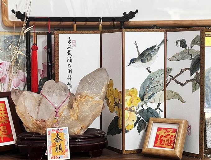Hand-Painted Chinese Folding Screen - Traditional Oriental Partition with Bird & Loquat Pattern Mini Room Divider, Desktop Privacy Panel, (35x56cm) Symbolizing Happiness (Bird + Loquat)