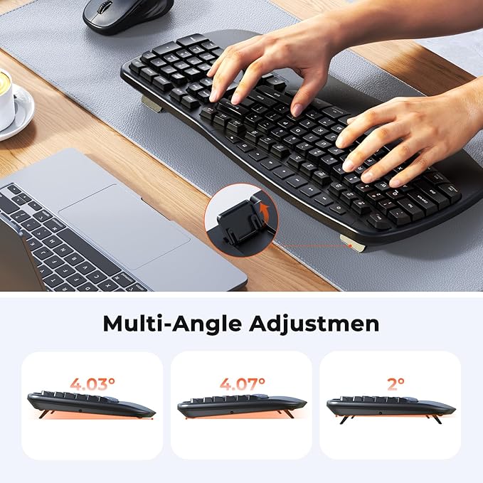 MEETION Ergonomic Keyboard and Mouse, Wave Keys Natural Typing, 2.4G USB Receiver Wireless Keyboard with Wrist Rest, 4 Adjustable DPI Optical Mouse, Computer/Laptop/Windows/Mac, Black