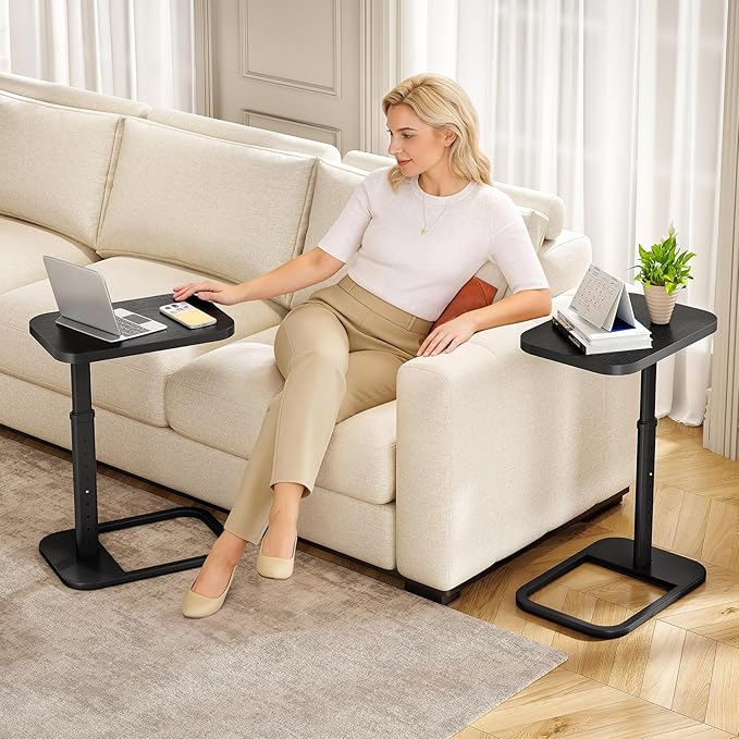 Kitstorack Adjustable Height C-Shaped End Table, 9-Level Side Table with Metal Rounded Edge, Couch Table that Slides Under Sofa or Bed for Eating, Working, and Drinks, TV Tray for Small Spaces, Black