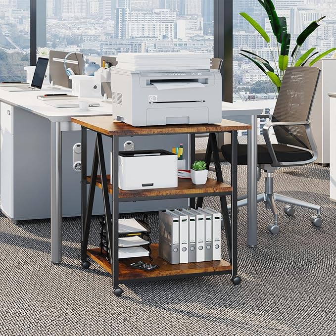Arbuxzuy 3-Tier Printer Stand, Large Printer Table with Storage, Industrial Printer Storage Cart with Wheels, Rolling Printer Stand for Heat Press Scanner Fax, Brown