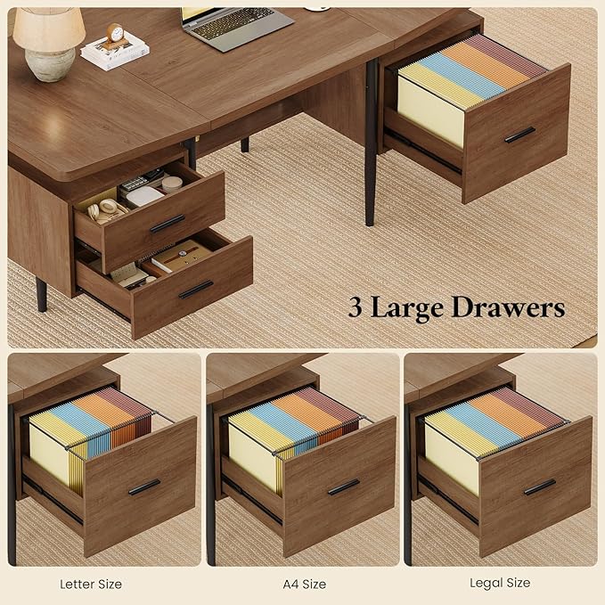 70.9" Modern Executive Desk, Wooden Computer Desk with 2 Drawers and File Drawer, Privacy Panel & Open Storage Shelf, Large Home Office Writing Desk, Brown