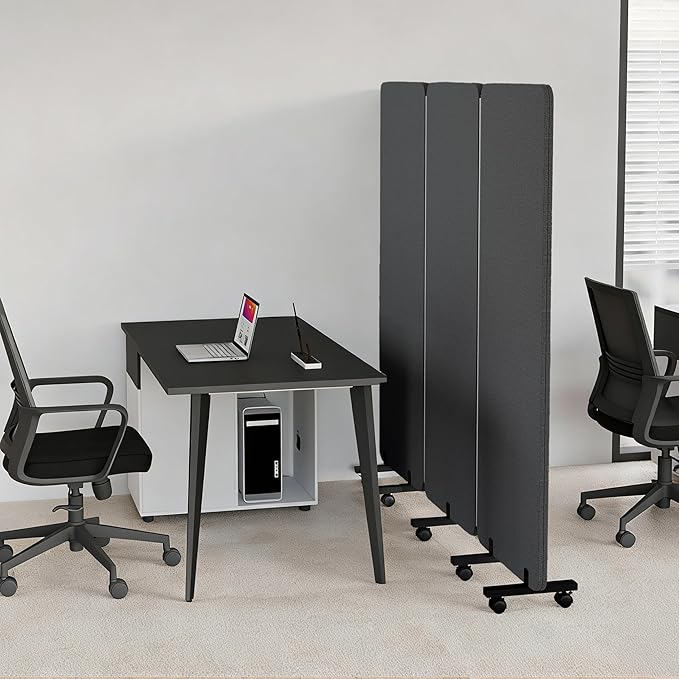 3 Panel Foldable Office Partitions, Mobile Cubicle Wall with Wheels, 71 x 66 Inch Noise Cancelling & Sound Proof Room Dividers Partition Wall, Aluminum Frame Dark Gray