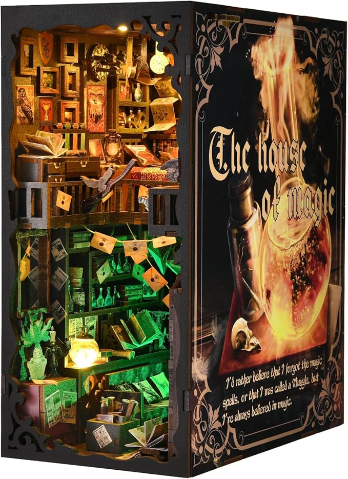 TOYQI Book Nook Kit, Book Nook Kits for Adults, DIY Miniature Dollhouse Kit 3D Wooden Puzzle Booknook Bookend with LED Light