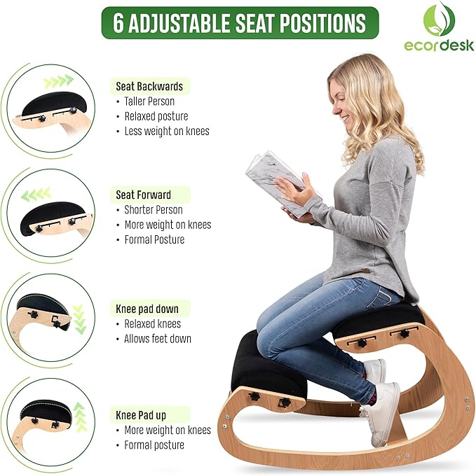 Ergonomic Kneeling Chair, Adjustable Seat - Office Chair for Desk, Posture Corrector, Premium Comfort Cushion, Wooden Rocking Knee Chair (Black)