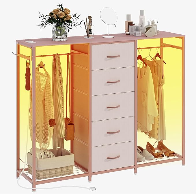 Espelism Dresser for Bedroom with Clothes Rack 5 Drawer Dresser with Charging Station LED Lights White Chest of Drawers Flexible Shelf and Open Storage Space for Bedroom Living Room (Pink)