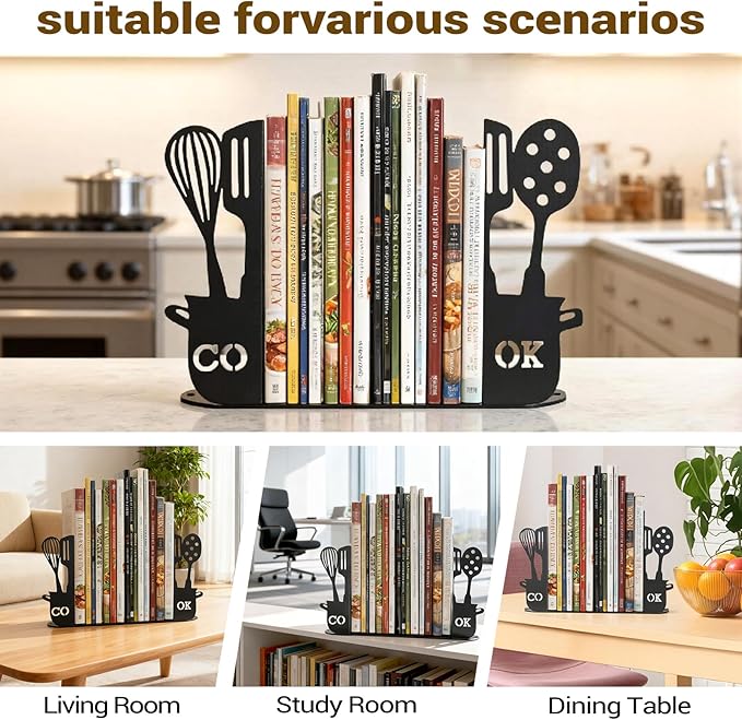 ENCIMART Metal Book Ends for Shelves, Kitchen Bookends Home Decorative Bookends for Heavy Books, Unique Cute Cookbook Organizer Book Holder for Kitchen Housewarming Cooking Book Lover Gifts, Black