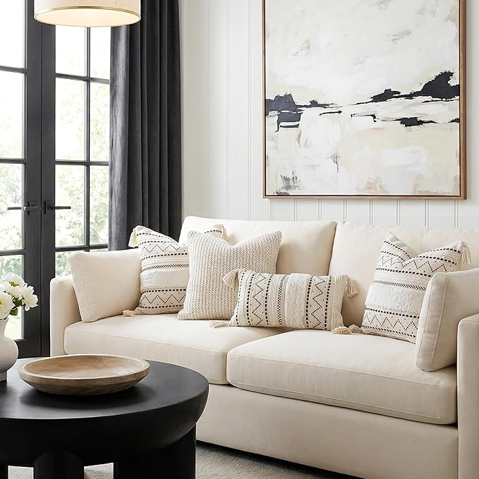 BlissBlush 18X18 Throw Pillow Cover, Cream Neutral Square Decorative Cushion Cover with Black Pattern, Boho Accent Pillowcase with Tufted Details and Tassels for Couch Sofa Living Room (Cover Only)