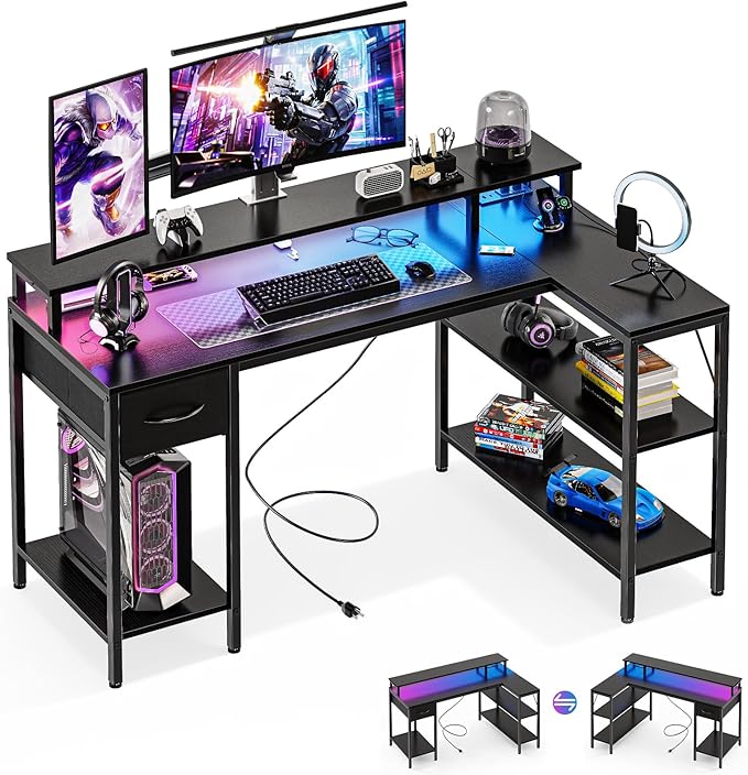DUMOS 53” Gaming Desk with USB Charging Ports & LED Lights, Reversible L Shaped Desks Computer Corner Gamer Table with Power Outlets Monitor Stand Storage Shelves for Home Office Small Space, Black