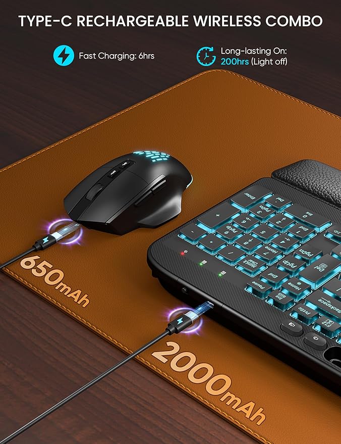 SABLUTE MA22 Pro Wireless Keyboard and Mouse Combo - Ergonomic Wave Keyboard with Soft Leather Wrist Rest, Phone Holder, Rechargeable, RGB Backlit Mouse, Full-Size Set for Windows/Mac/Computer