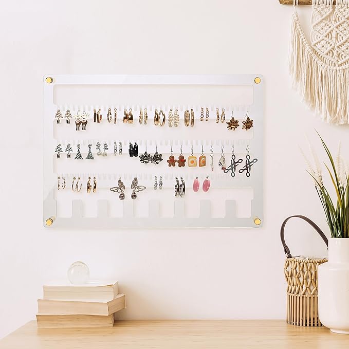 Earring Holder Organizer, 4 Layer Wall Mounted Ear Stud Display Storage, Acrylic Large Capacity Jewelry Organizer Earring Display and Storage for Studs, Dangling, Necklace