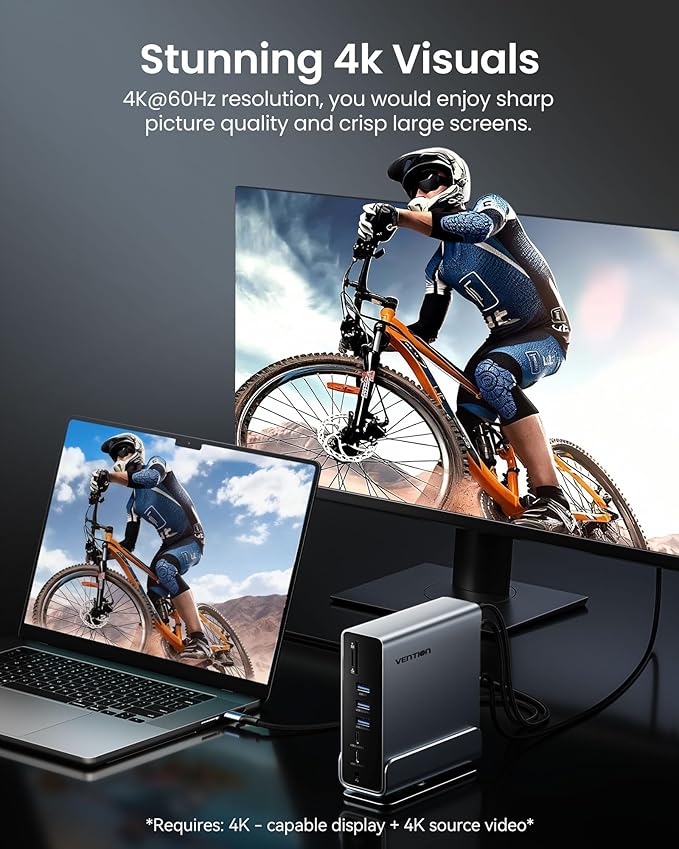 VENTION 15-in-1 Laptop Docking Station Dual Monitor, 360° Roatable Triple Monitor Docking Station with 2 * 4K HDMI and 1*DP, PD 100W Charging for Laptop, 10Gbps USB Port Transfer, RJ45, Audio, SD/TF