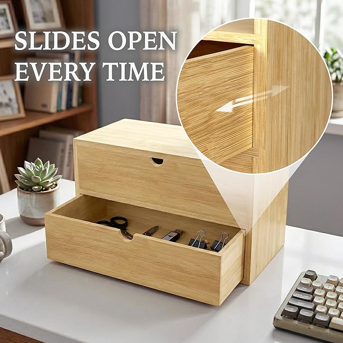Bamboo Desk Organizer with 2 Drawers, Desktop Drawers 13.4 x 7.1 x 7.5 Inches Countertop Storage Box for Office Supplies Makeup Vanity Kitchen, Wooden Tabletop Drawer No Assembly Required (2 Drawers)