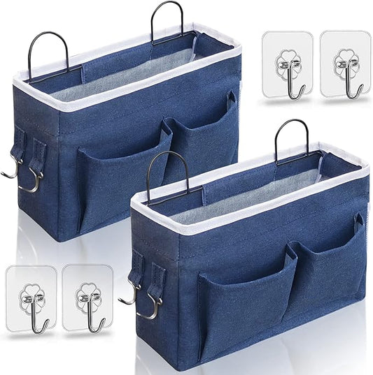 Kanrichu 2pcs Middle Wall Hanging Organizer Bag, Linen Fabric Door Hanging Storage Basket with Pockets, Waterproof Bin for Kitchen, Bedroom, Office, RV Camper (Blue)
