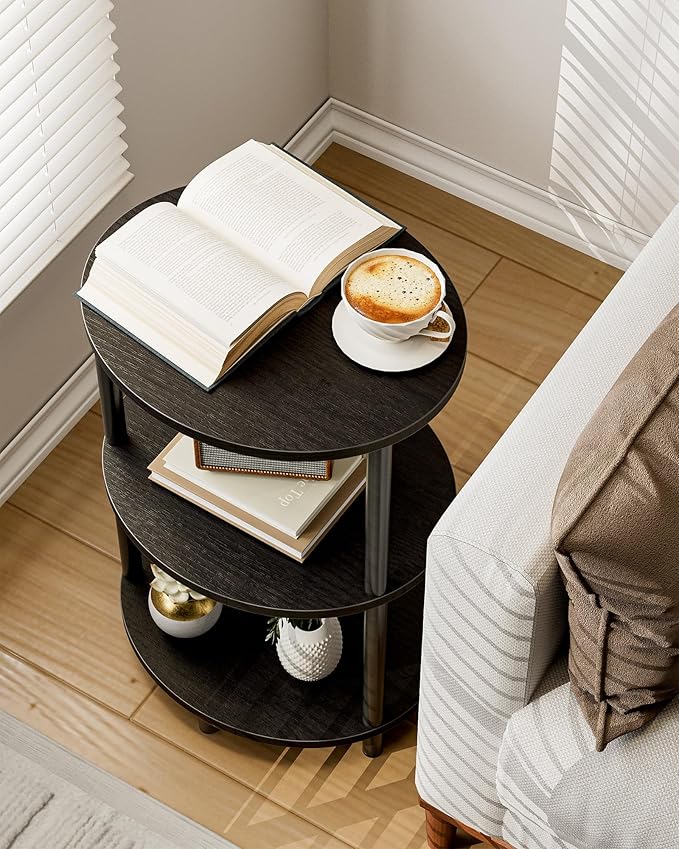 Round Pedestal End Table - 3-Tier Oval Accent Table for Small Spaces, Rustic Wood and Metal Couch Side Table, Nightstand for Bedroom or End Table Living Room, Easy to Assemble, Charcoal Wenge