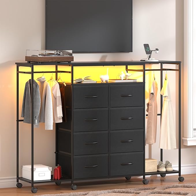 59.1" W Dresser for Bedroom with Hanging Rack, 8 Drawer Dresser with LED Lights & Charging Station, Fabric Dressers with Portable Wheels,Metal Frame, Wooden Top (Black)