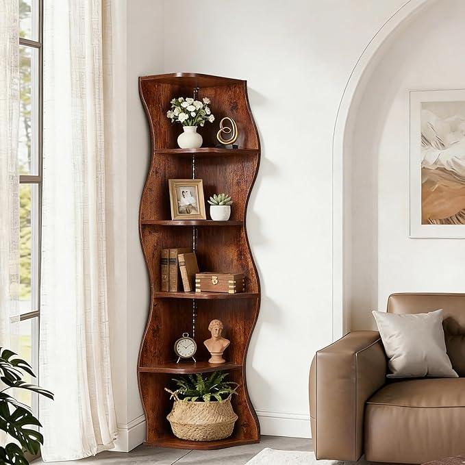 VECELO Wavy Corner Shelf with LED Light, Decorative 6-Tier Corner Display Bookshelf, 59.3” Tall Storage Organizer for Small Spaces, Living Room or Bedroom, Rustic Brown