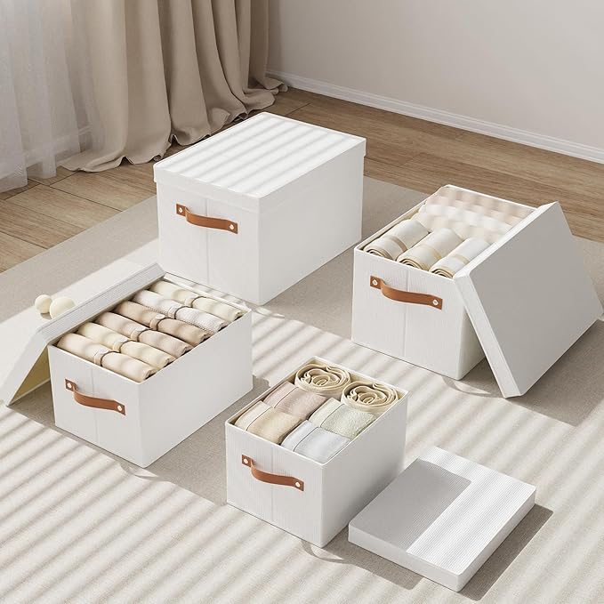 3 Pack Storage Boxes with Lids, Storage Baskets for Shelves, Decorative Linen Closet Organizers with Handles, White, 16.5 x 11.8 x 10.2 Inch