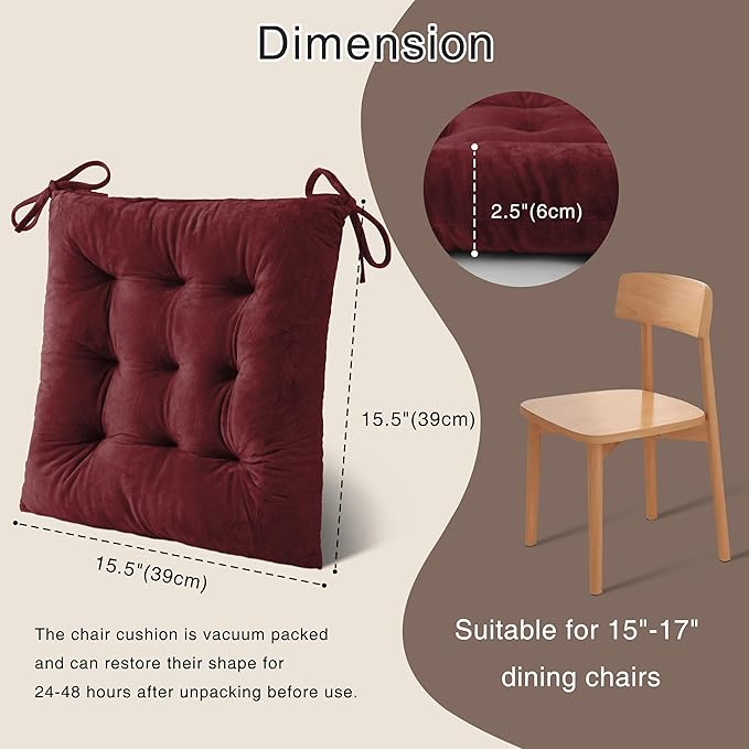 OVOV 1 Pack Chair Cushions for Dining Chairs Soft Seat Cushions for Kitchen Desk Chairs Square Chair Pads with Ties (15.5"x15.5" Burgundy)
