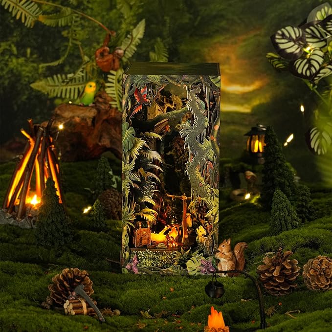 fifijoy Jungle Adventure Book Nook Kit - DIY Miniature Dollhouse Booknook for Adults, 3D Wooden Puzzle Bookend Bookshelf Decor with LED Light and Sound Effects, Creative Gift for Family, Friends