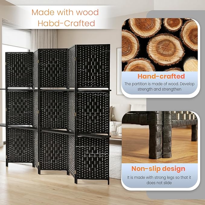 FDW 6 Panel Wood Room Divider - Foldable & Flexible Freestanding Screen, Easy Storage Partition Wall for Home Living Room, Dark Black