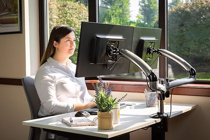 Ergotech Dual Freedom Arm, Includes Two Aluminum Articulating Arms, 8.4-17.8 lbs. Weight Capacity per Arm, Suitable for Monitors up to 27 inches, VESA Compatible 75×75, 100×100, Silver
