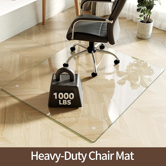Koonmi Tempered Glass Chair Mat 42"x48" - Premium Office Chair Mat for Hardwood Floors & Low-Pile Carpet with 4 Non-Slip Pads - Thick Scratch-Resistant Surface